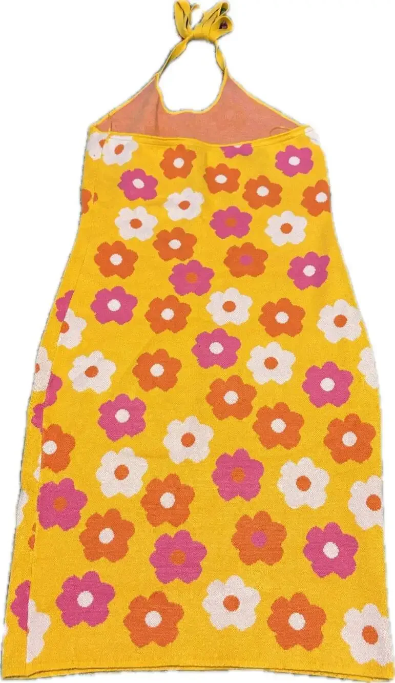 Willow & Wind Yellow Retro Floral Knit Halter Mini Dress - Picture 2 of 4
